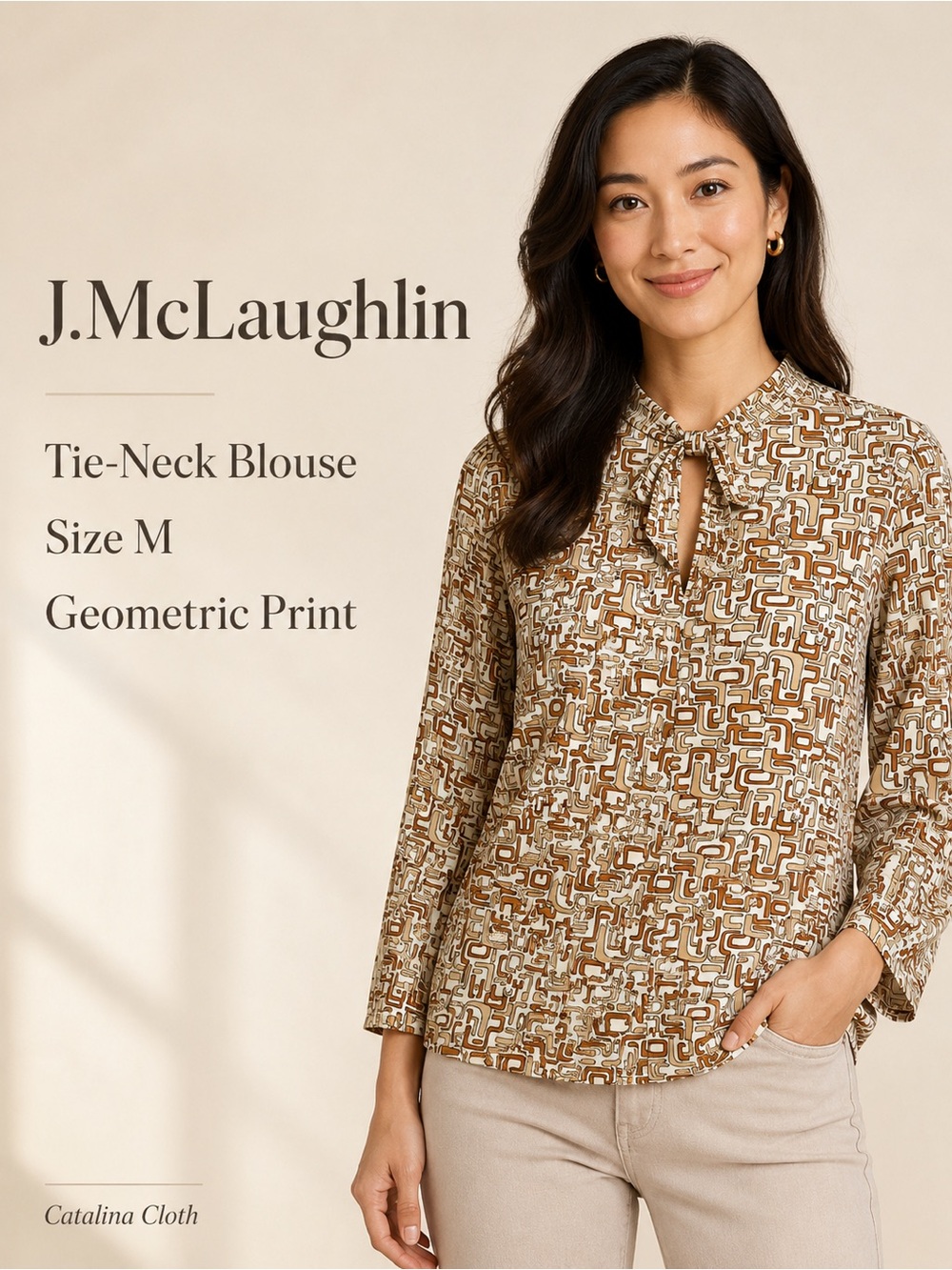 J.McLaughlin Catalina Cloth Geometric Tie Neck Blouse Size M